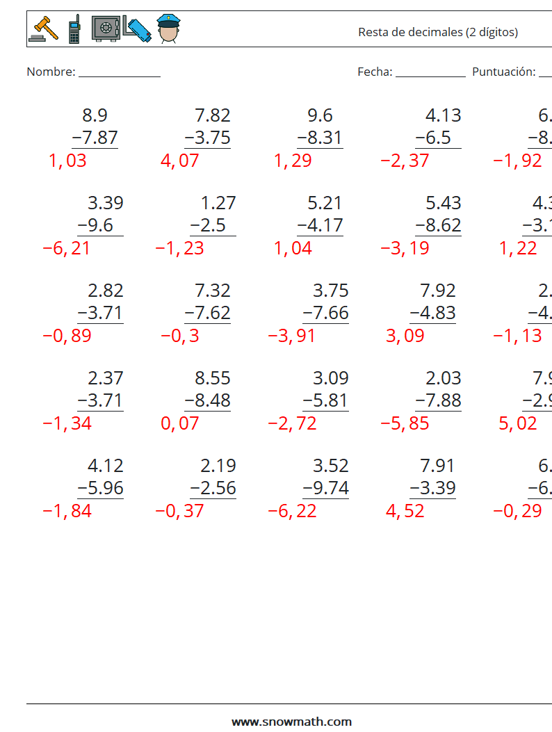 (25) Resta de decimales (2 dígitos) Hojas de trabajo de matemáticas 6 Pregunta, respuesta