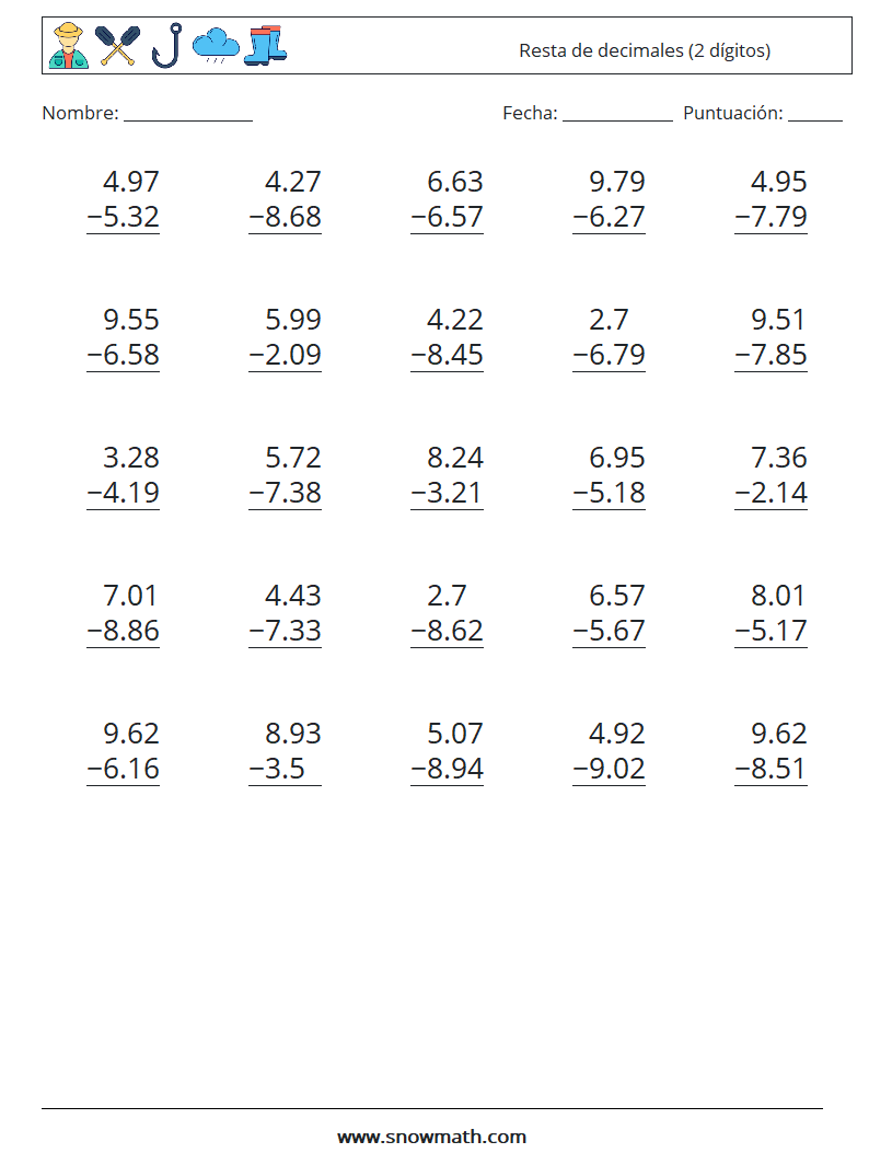 (25) Resta de decimales (2 dígitos) Hojas de trabajo de matemáticas 7