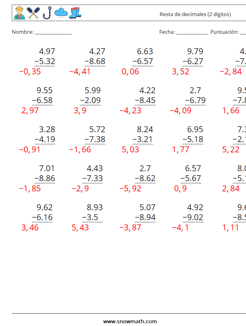 (25) Resta de decimales (2 dígitos) Hojas de trabajo de matemáticas 7 Pregunta, respuesta