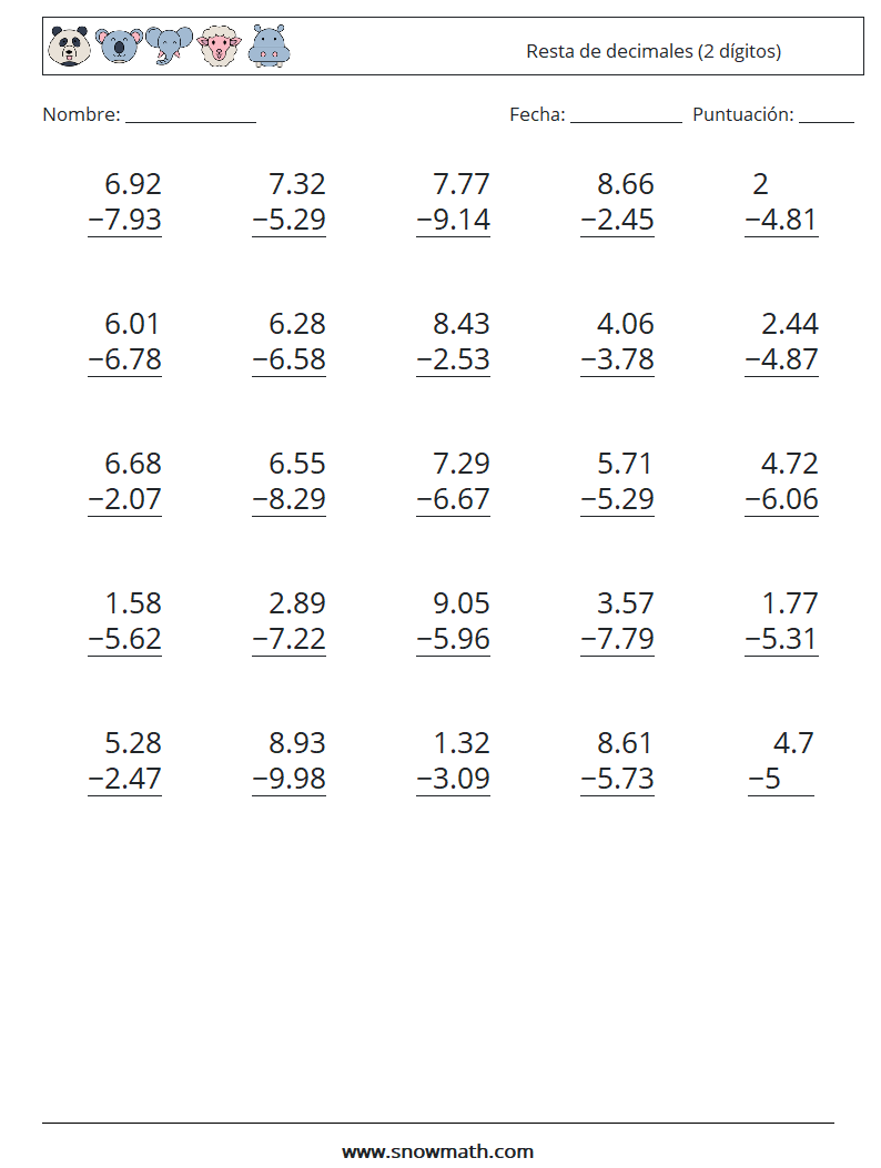 (25) Resta de decimales (2 dígitos) Hojas de trabajo de matemáticas 8