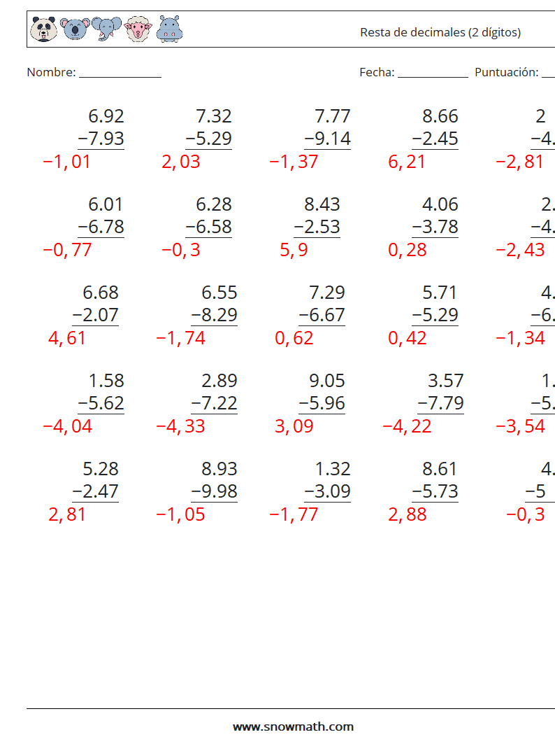 (25) Resta de decimales (2 dígitos) Hojas de trabajo de matemáticas 8 Pregunta, respuesta