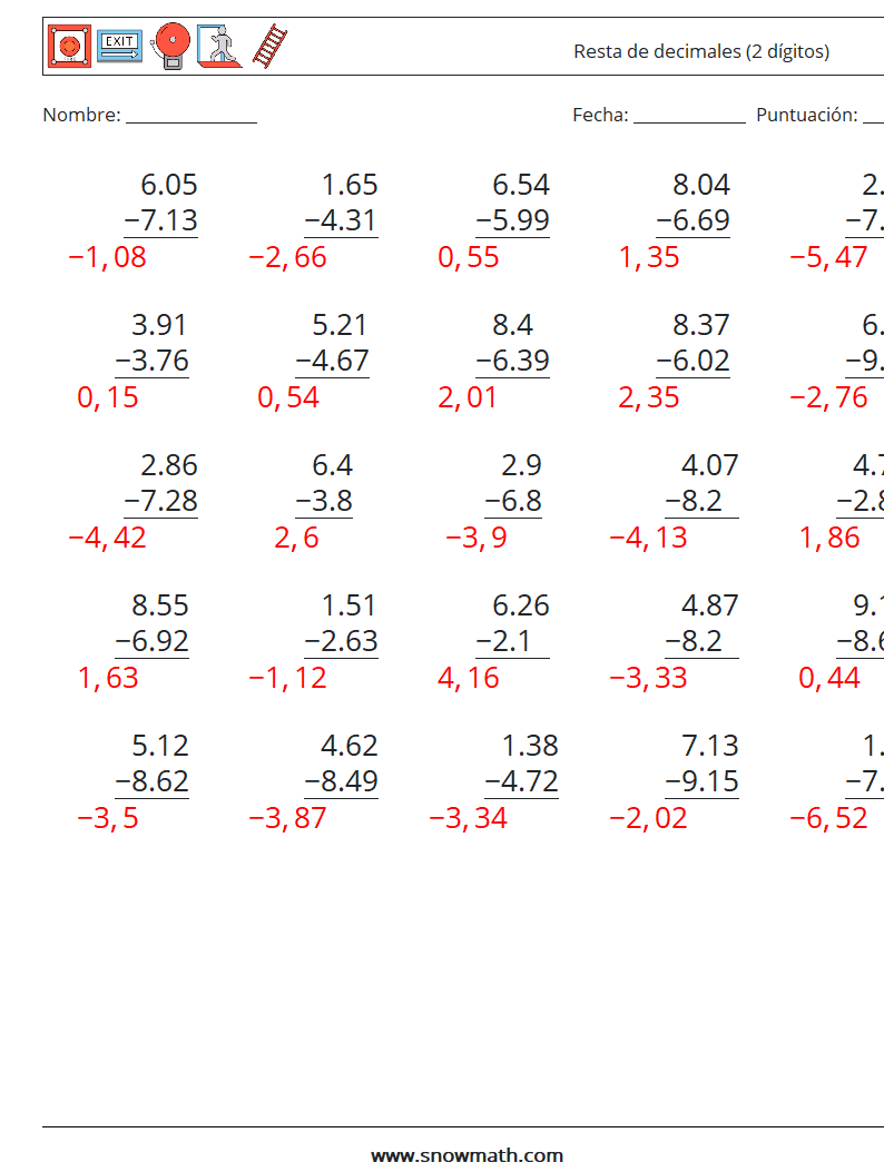 (25) Resta de decimales (2 dígitos) Hojas de trabajo de matemáticas 9 Pregunta, respuesta