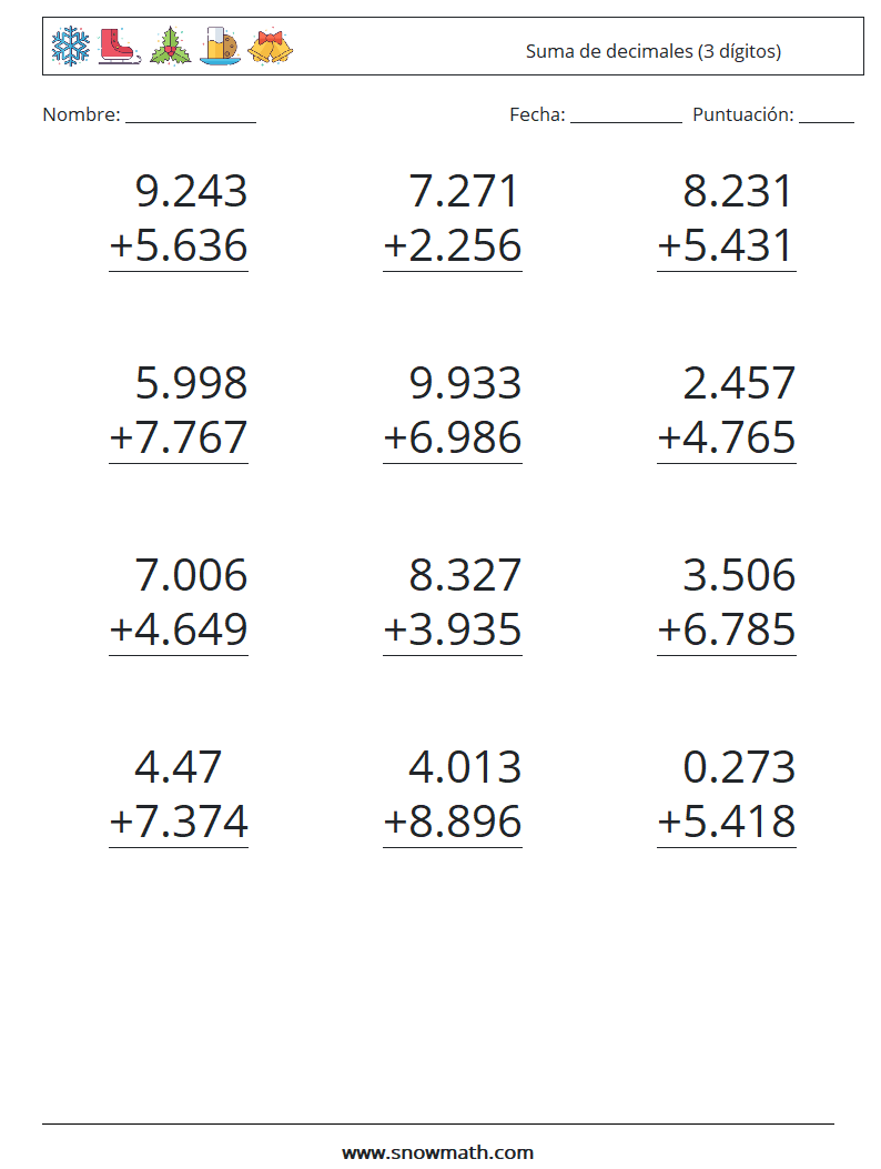 (12) Suma de decimales (3 dígitos) Hojas de trabajo de matemáticas 1