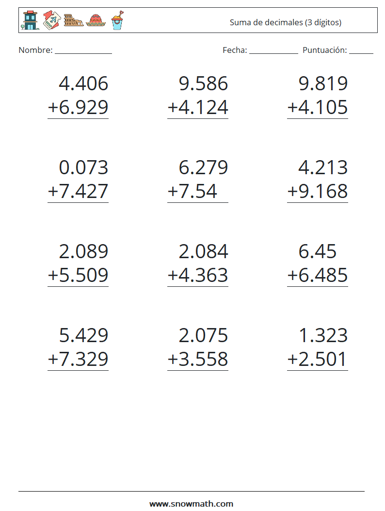 (12) Suma de decimales (3 dígitos) Hojas de trabajo de matemáticas 10