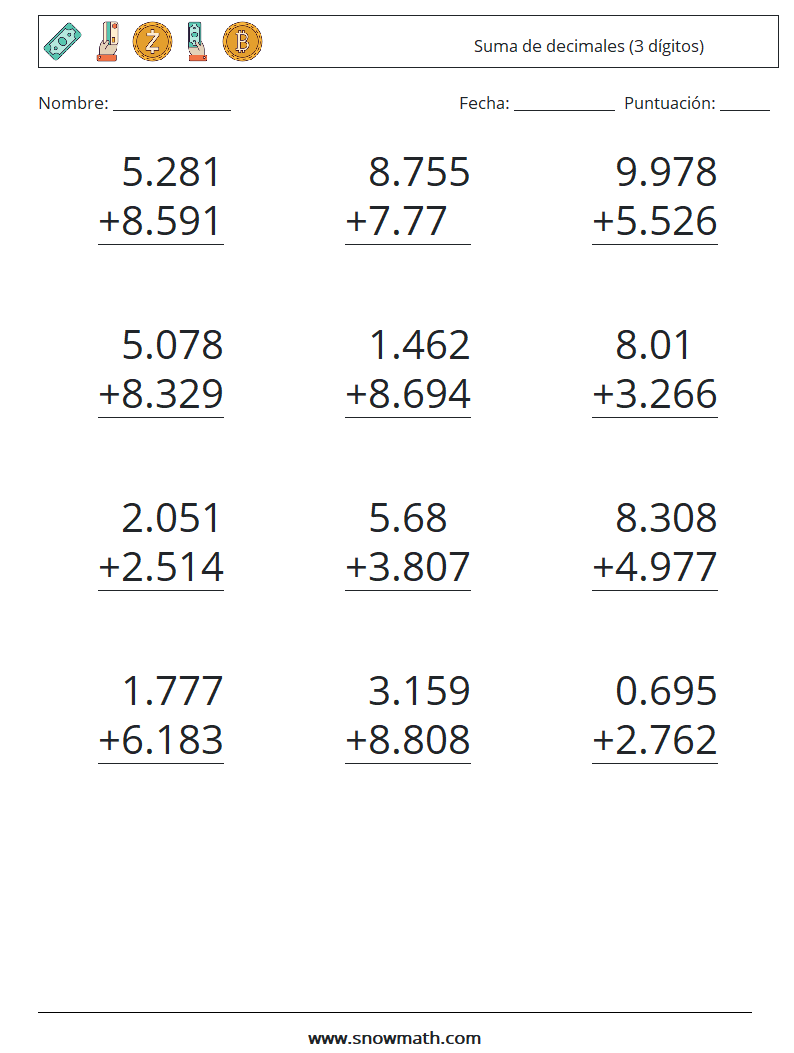 (12) Suma de decimales (3 dígitos) Hojas de trabajo de matemáticas 11