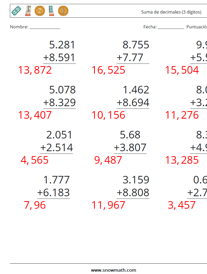 (12) Suma de decimales (3 dígitos) Hojas de trabajo de matemáticas 11 Pregunta, respuesta