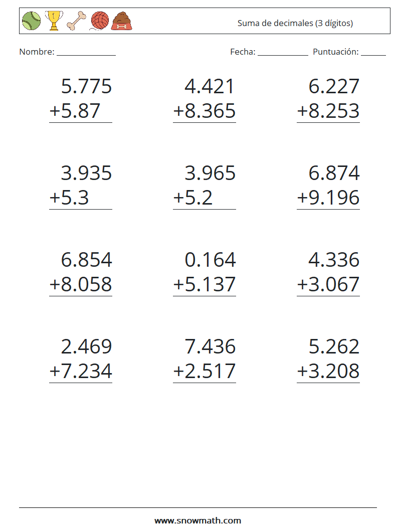 (12) Suma de decimales (3 dígitos) Hojas de trabajo de matemáticas 12