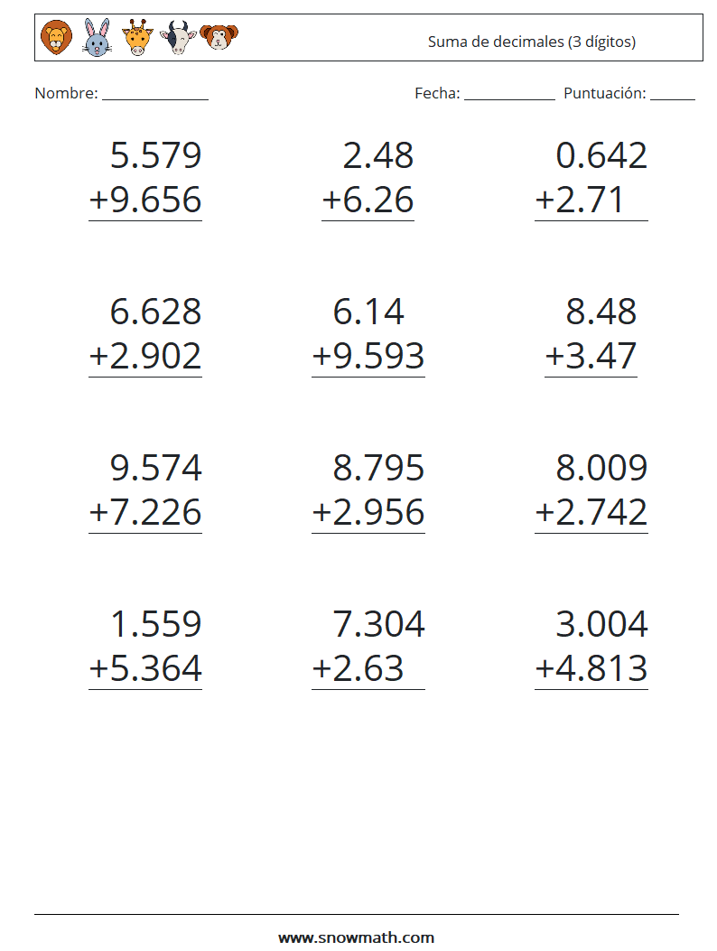 (12) Suma de decimales (3 dígitos) Hojas de trabajo de matemáticas 13