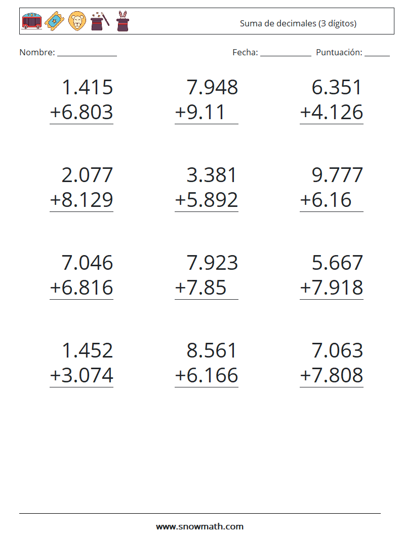 (12) Suma de decimales (3 dígitos) Hojas de trabajo de matemáticas 14