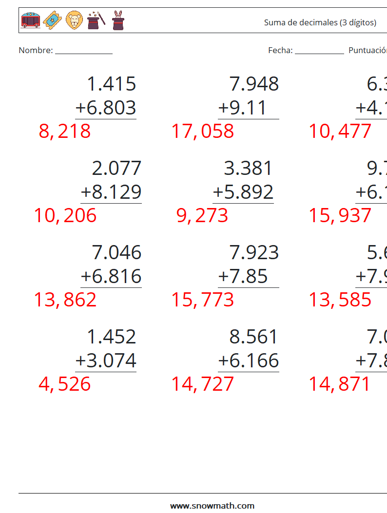 (12) Suma de decimales (3 dígitos) Hojas de trabajo de matemáticas 14 Pregunta, respuesta