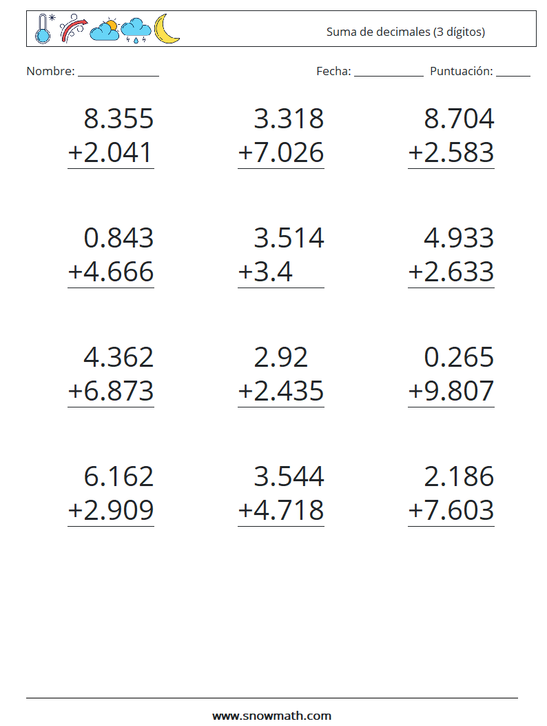 (12) Suma de decimales (3 dígitos) Hojas de trabajo de matemáticas 15