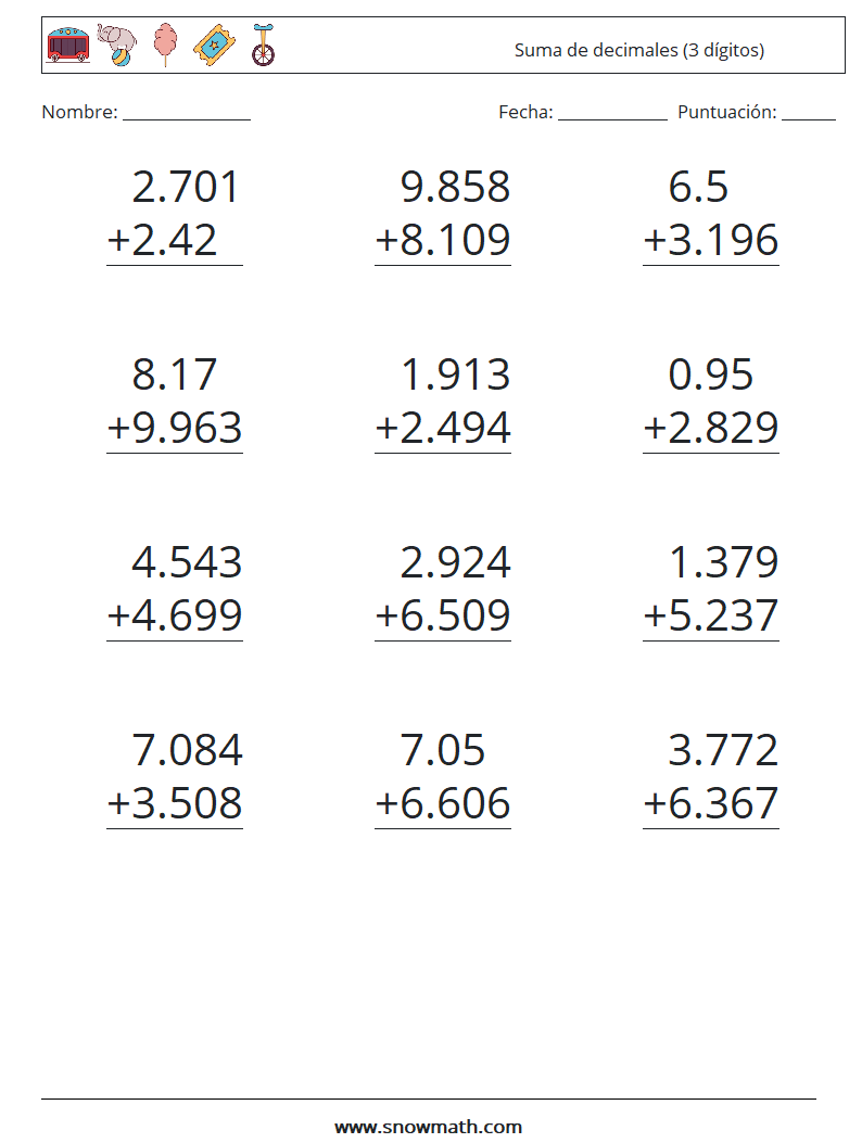 (12) Suma de decimales (3 dígitos) Hojas de trabajo de matemáticas 16