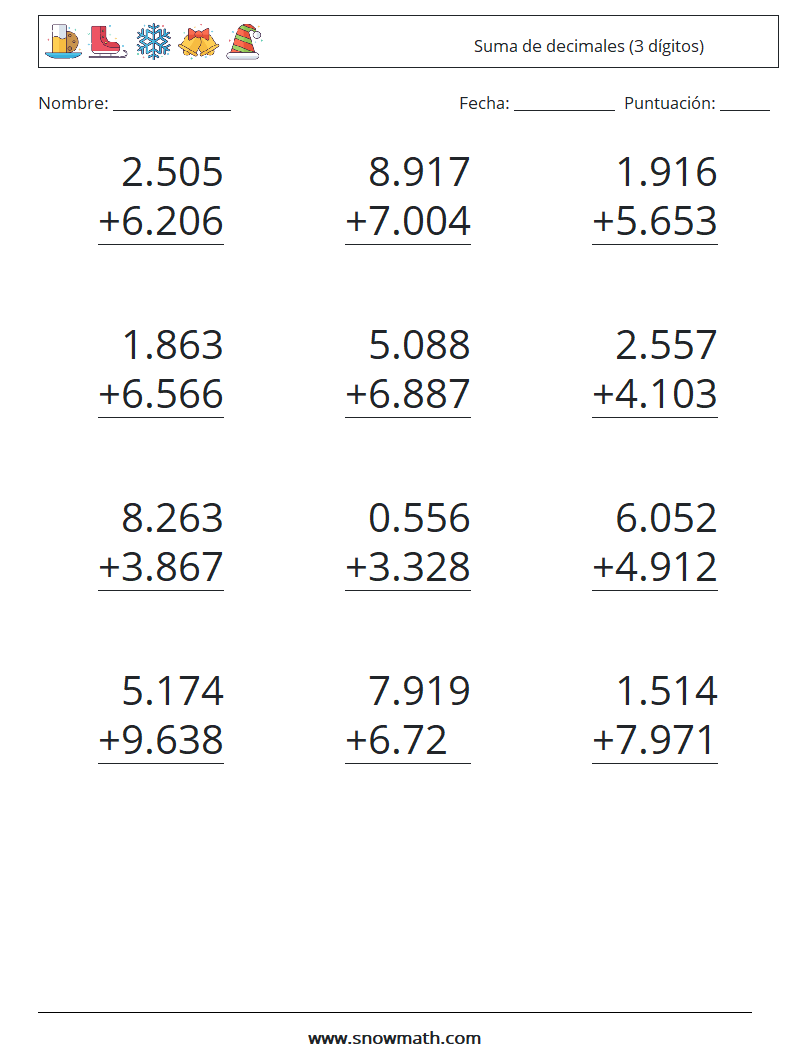 (12) Suma de decimales (3 dígitos) Hojas de trabajo de matemáticas 17