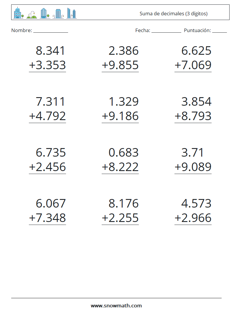 (12) Suma de decimales (3 dígitos) Hojas de trabajo de matemáticas 18