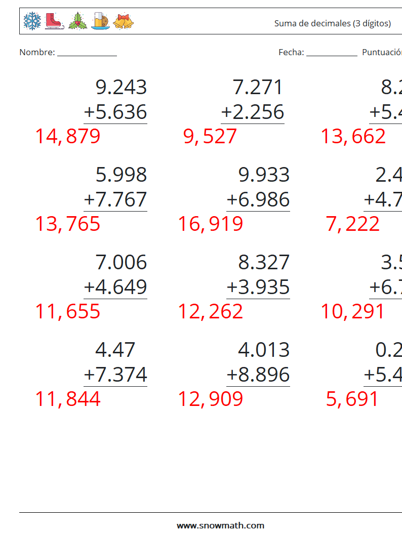 (12) Suma de decimales (3 dígitos) Hojas de trabajo de matemáticas 1 Pregunta, respuesta