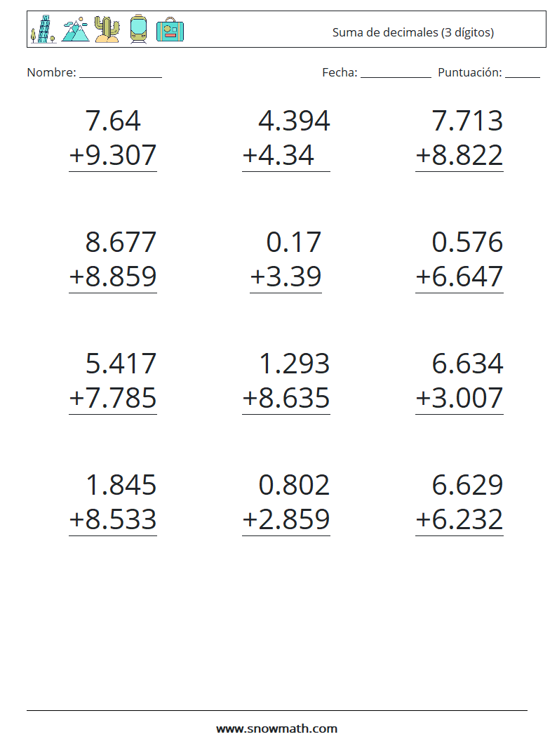 (12) Suma de decimales (3 dígitos) Hojas de trabajo de matemáticas 2