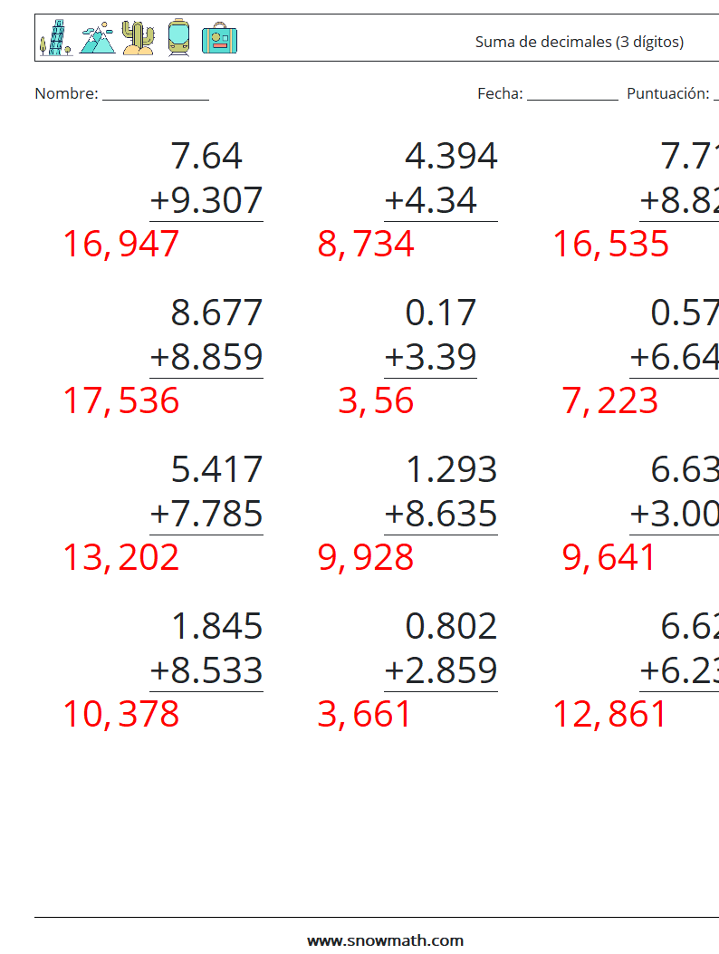 (12) Suma de decimales (3 dígitos) Hojas de trabajo de matemáticas 2 Pregunta, respuesta