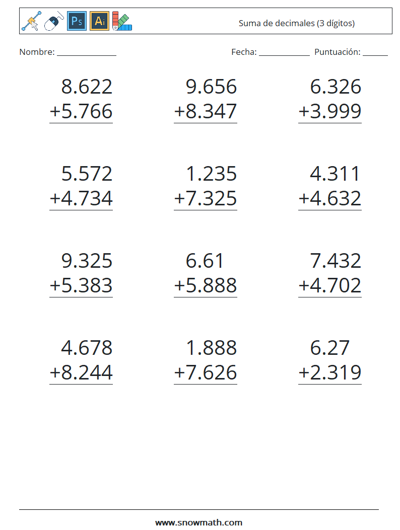 (12) Suma de decimales (3 dígitos) Hojas de trabajo de matemáticas 3