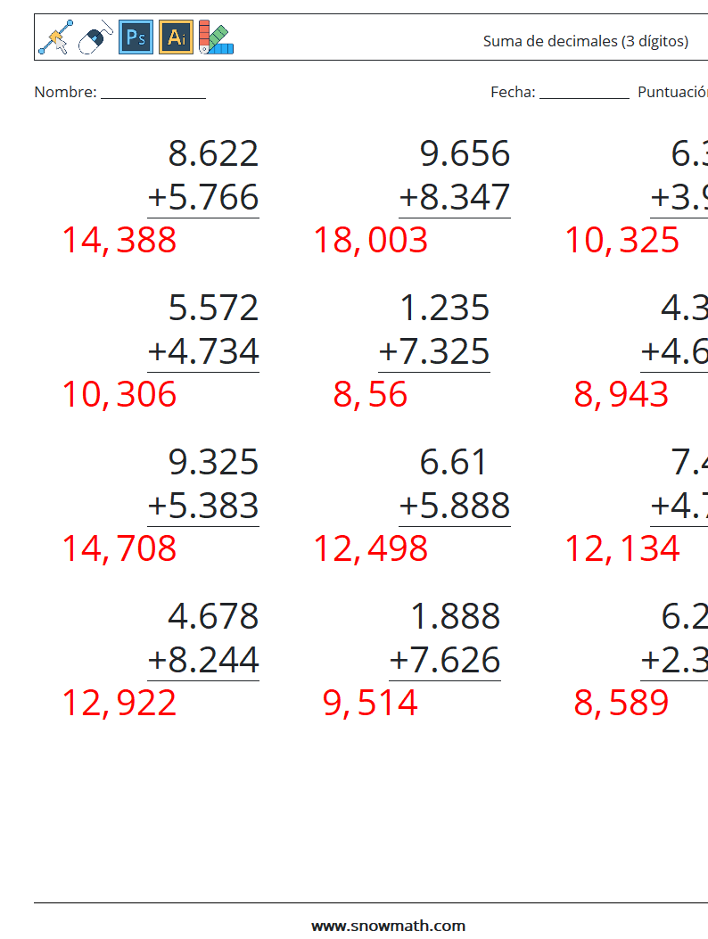 (12) Suma de decimales (3 dígitos) Hojas de trabajo de matemáticas 3 Pregunta, respuesta