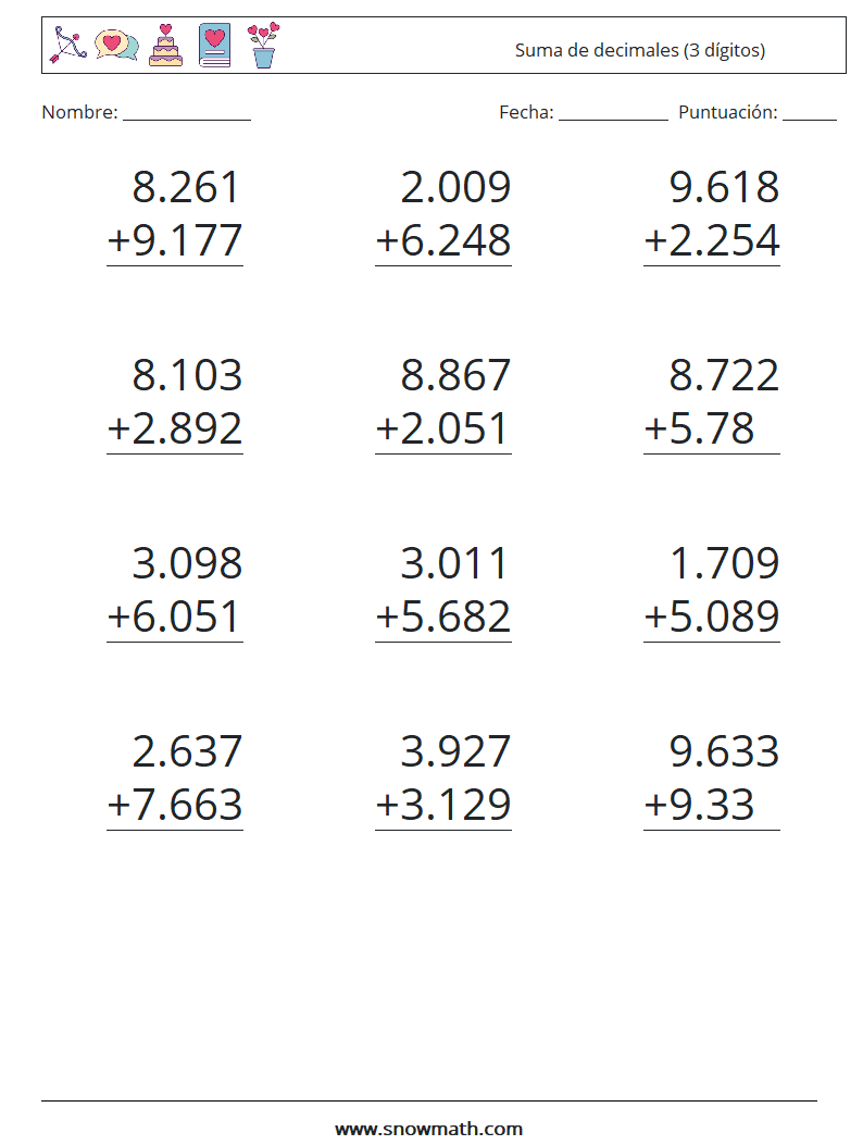 (12) Suma de decimales (3 dígitos) Hojas de trabajo de matemáticas 4