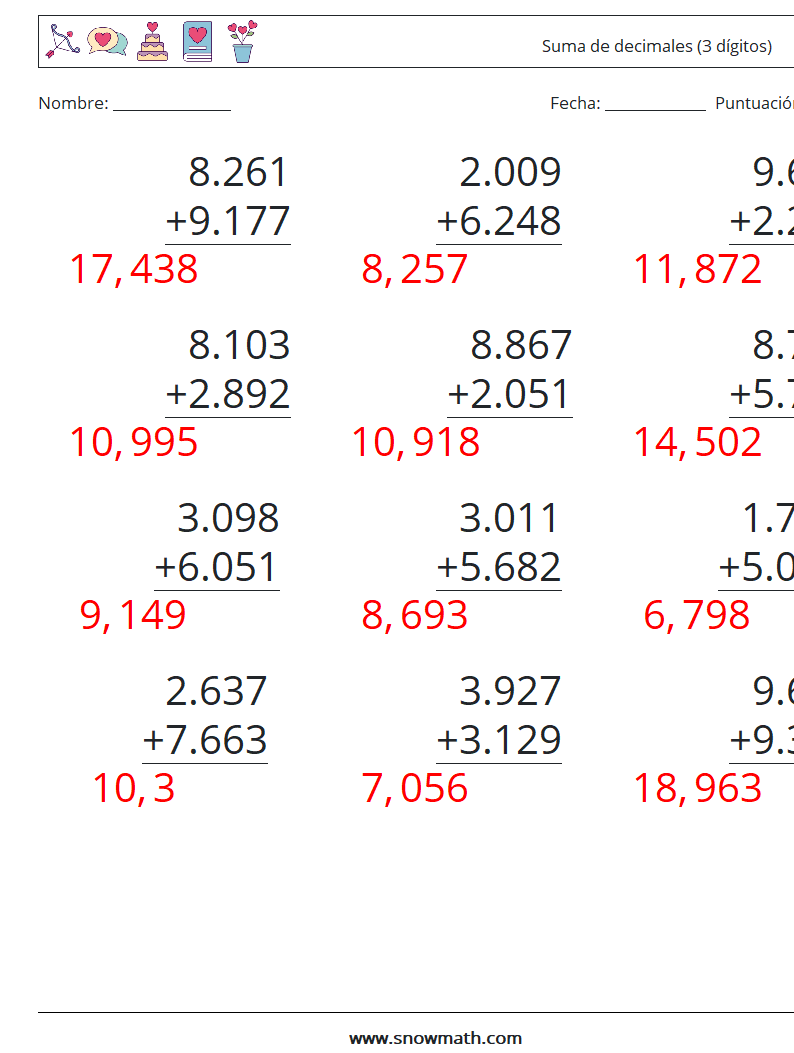 (12) Suma de decimales (3 dígitos) Hojas de trabajo de matemáticas 4 Pregunta, respuesta