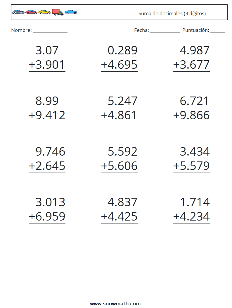 (12) Suma de decimales (3 dígitos) Hojas de trabajo de matemáticas 5