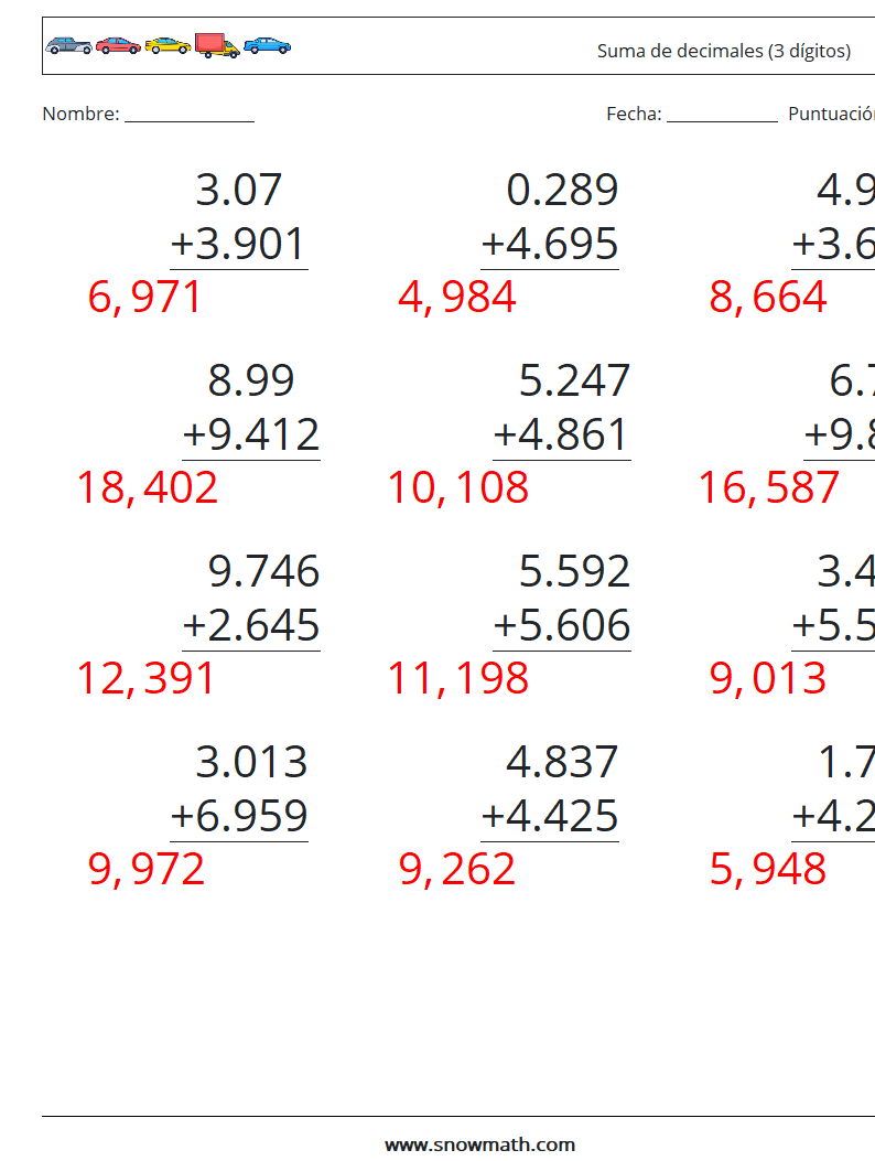 (12) Suma de decimales (3 dígitos) Hojas de trabajo de matemáticas 5 Pregunta, respuesta