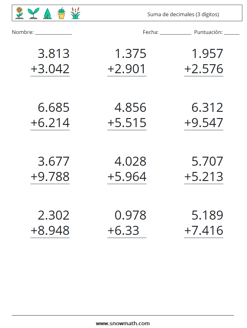 (12) Suma de decimales (3 dígitos) Hojas de trabajo de matemáticas 6