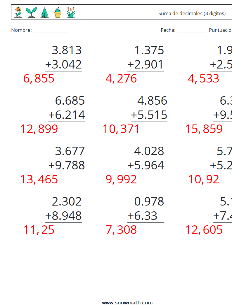 (12) Suma de decimales (3 dígitos) Hojas de trabajo de matemáticas 6 Pregunta, respuesta