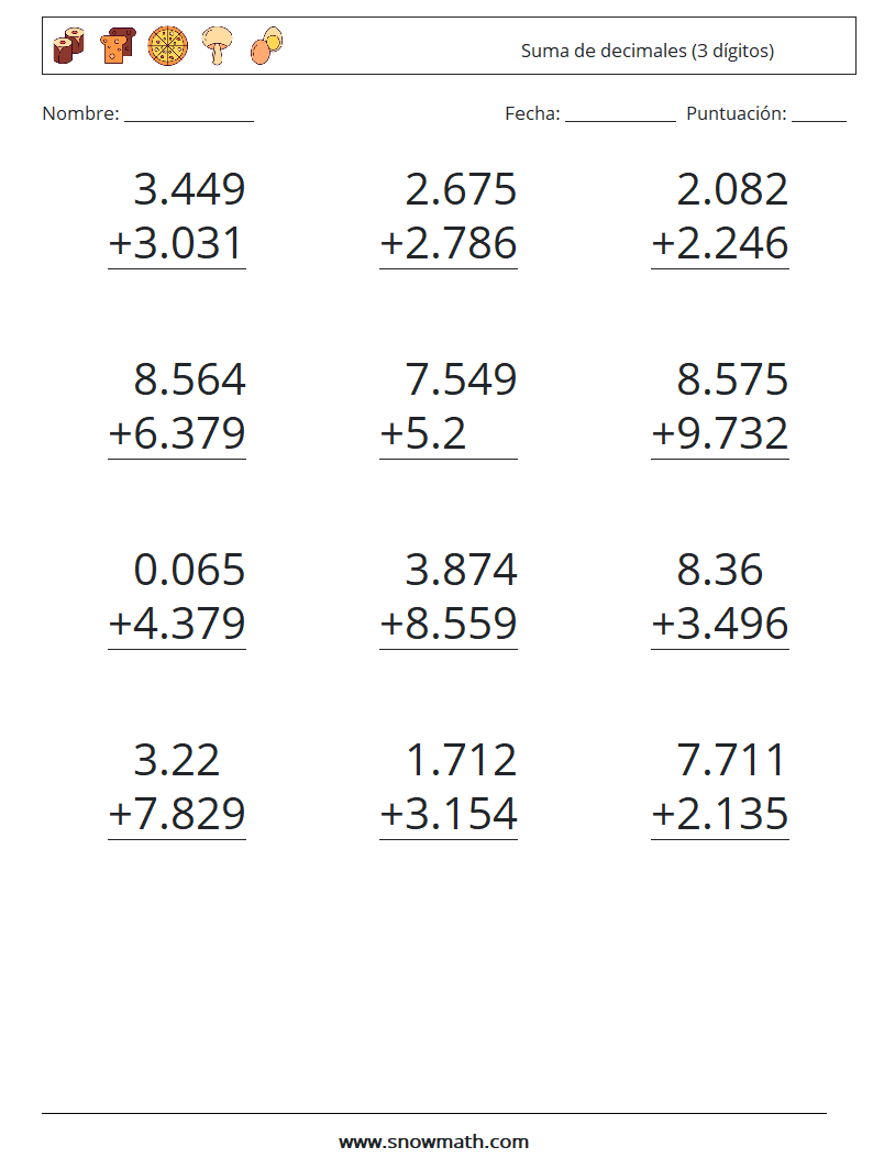 (12) Suma de decimales (3 dígitos) Hojas de trabajo de matemáticas 7