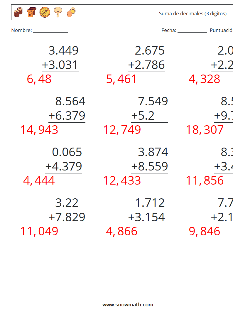 (12) Suma de decimales (3 dígitos) Hojas de trabajo de matemáticas 7 Pregunta, respuesta