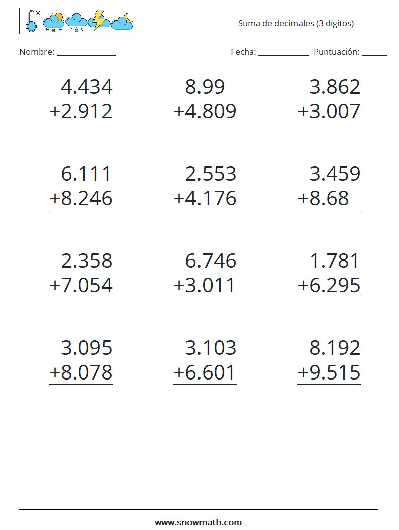 (12) Suma de decimales (3 dígitos) Hojas de trabajo de matemáticas 8