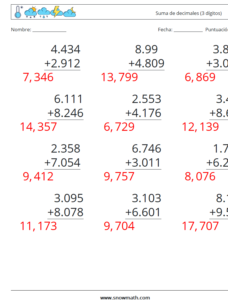 (12) Suma de decimales (3 dígitos) Hojas de trabajo de matemáticas 8 Pregunta, respuesta