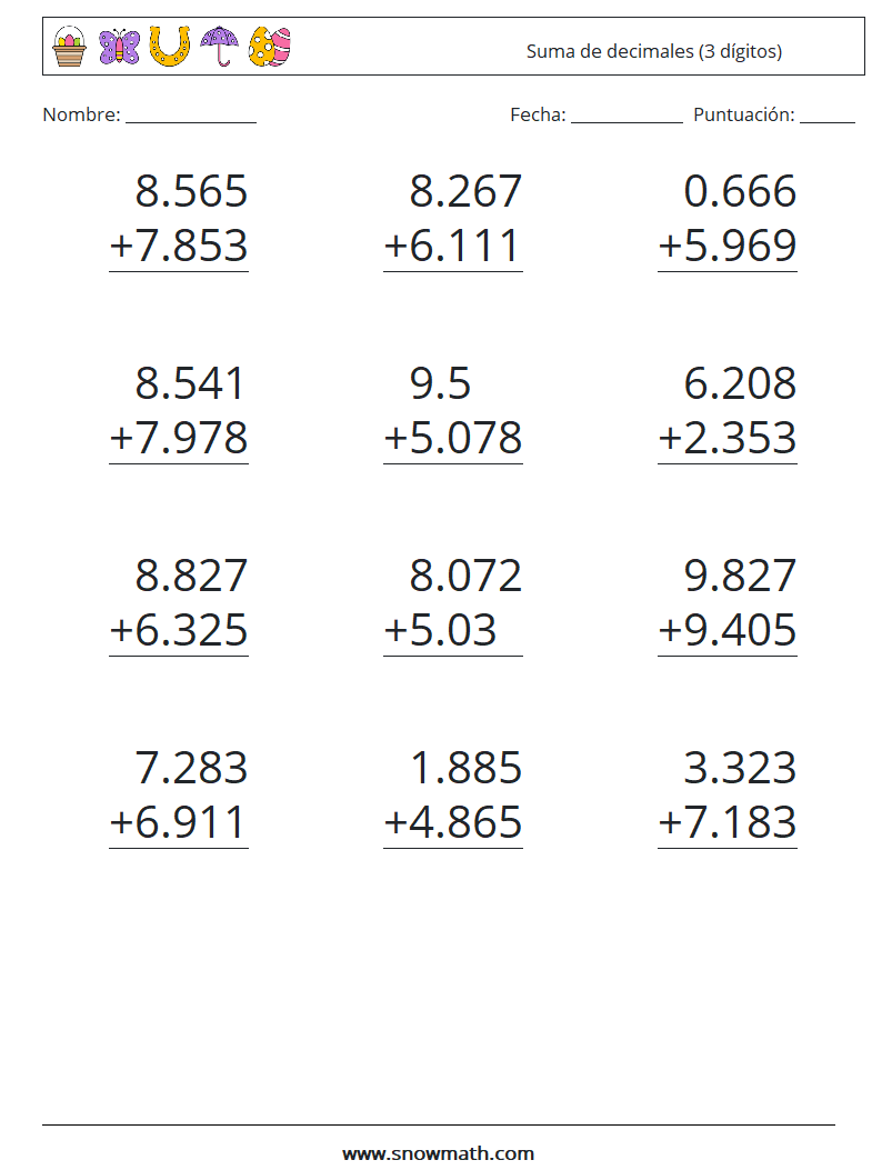 (12) Suma de decimales (3 dígitos) Hojas de trabajo de matemáticas 9