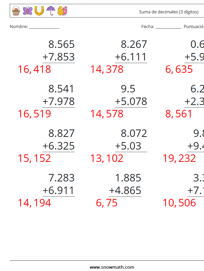 (12) Suma de decimales (3 dígitos) Hojas de trabajo de matemáticas 9 Pregunta, respuesta