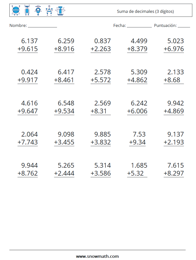 (25) Suma de decimales (3 dígitos) Hojas de trabajo de matemáticas 1