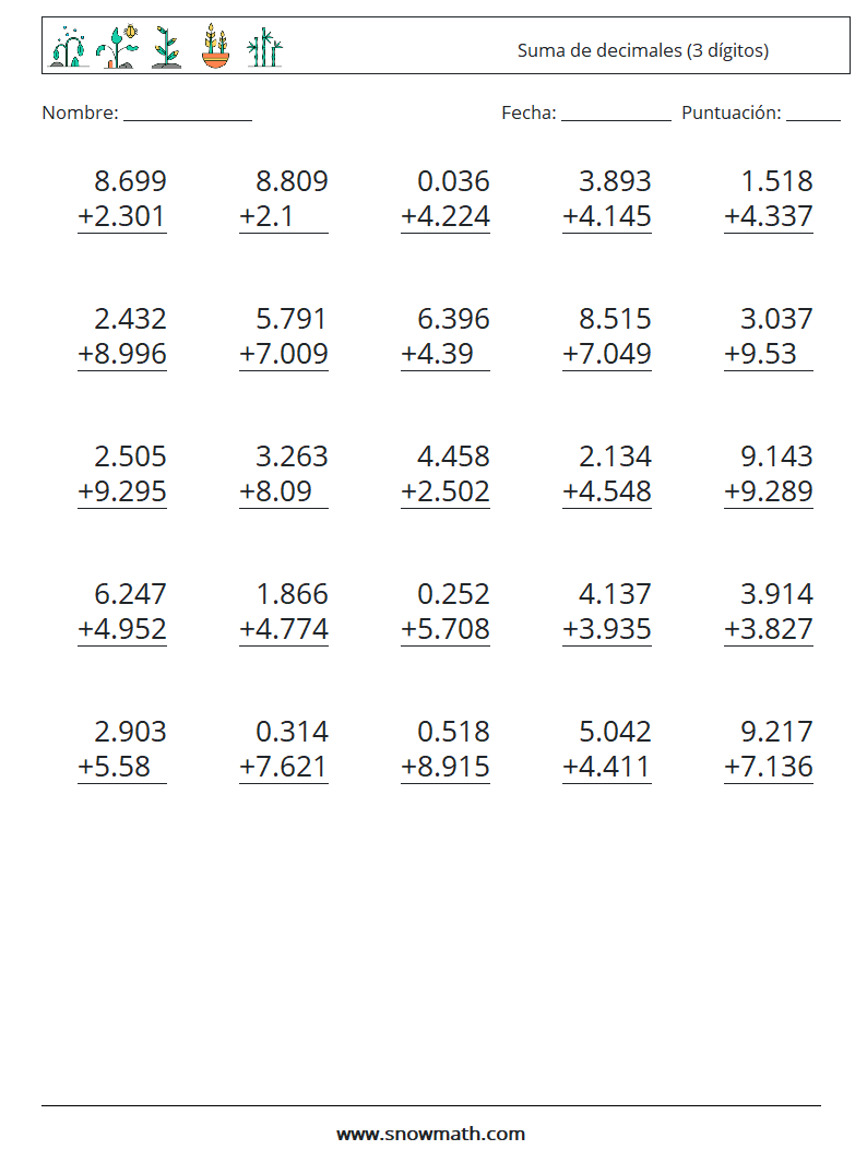 (25) Suma de decimales (3 dígitos) Hojas de trabajo de matemáticas 10