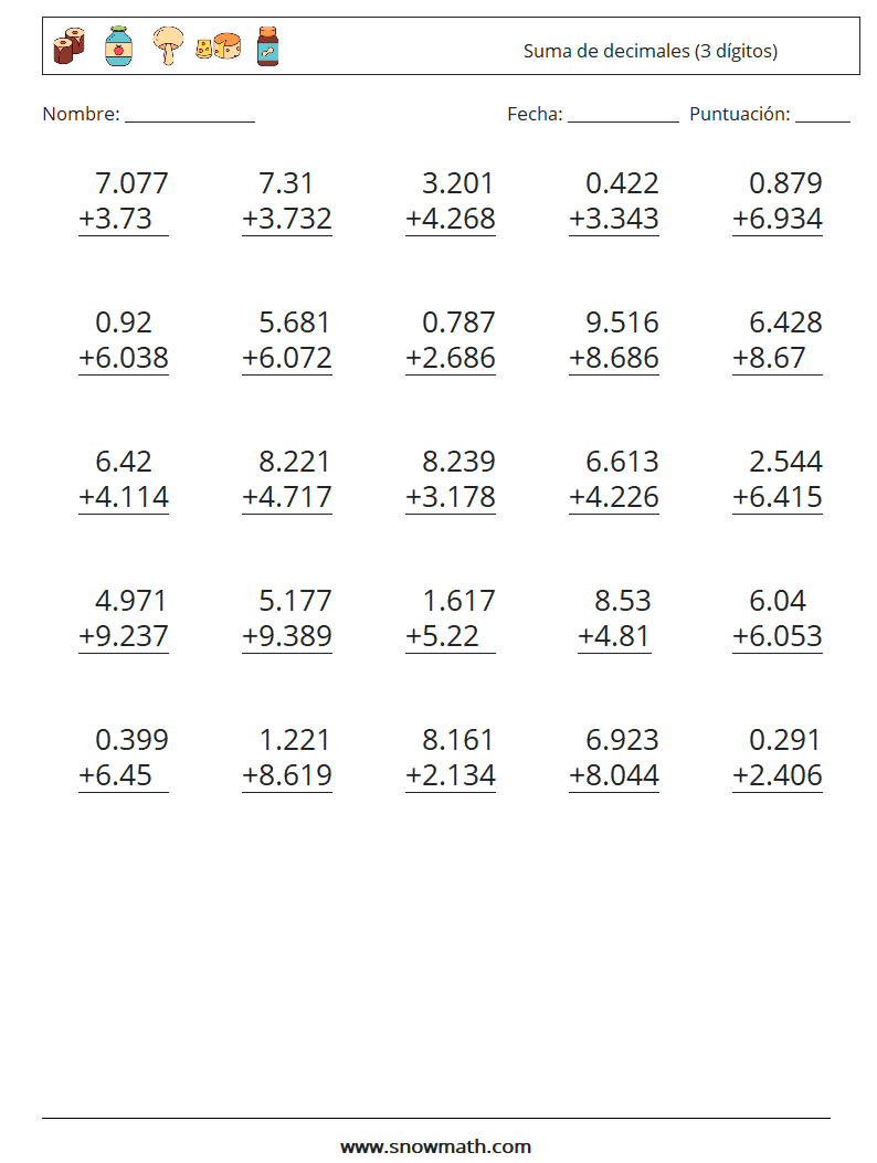 (25) Suma de decimales (3 dígitos) Hojas de trabajo de matemáticas 11