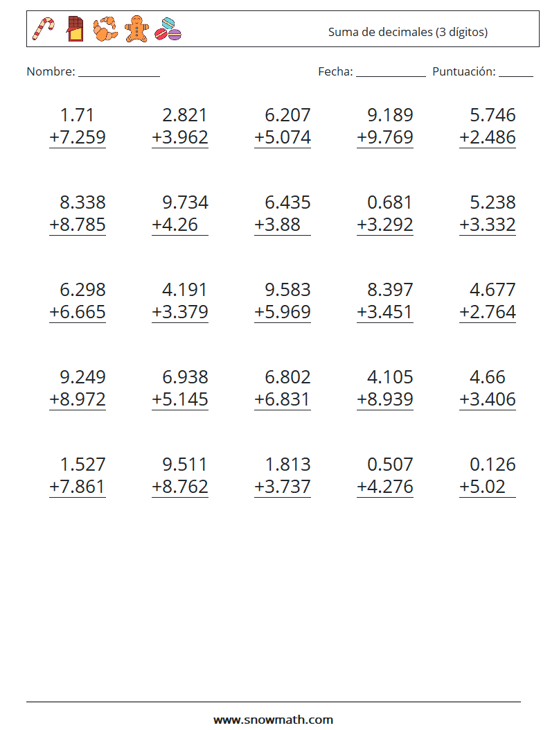 (25) Suma de decimales (3 dígitos) Hojas de trabajo de matemáticas 12