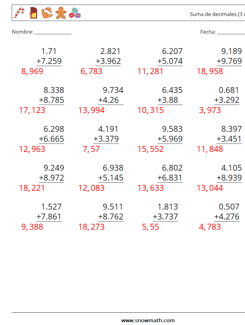 (25) Suma de decimales (3 dígitos) Hojas de trabajo de matemáticas 12 Pregunta, respuesta