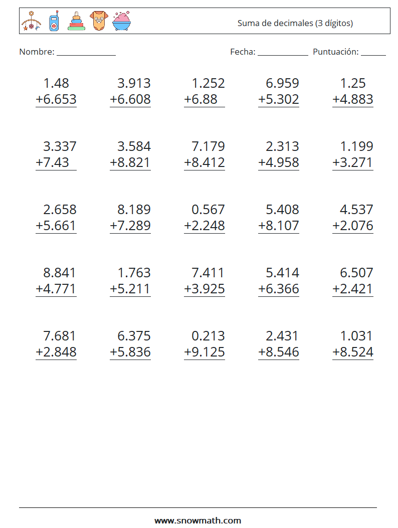 (25) Suma de decimales (3 dígitos) Hojas de trabajo de matemáticas 13