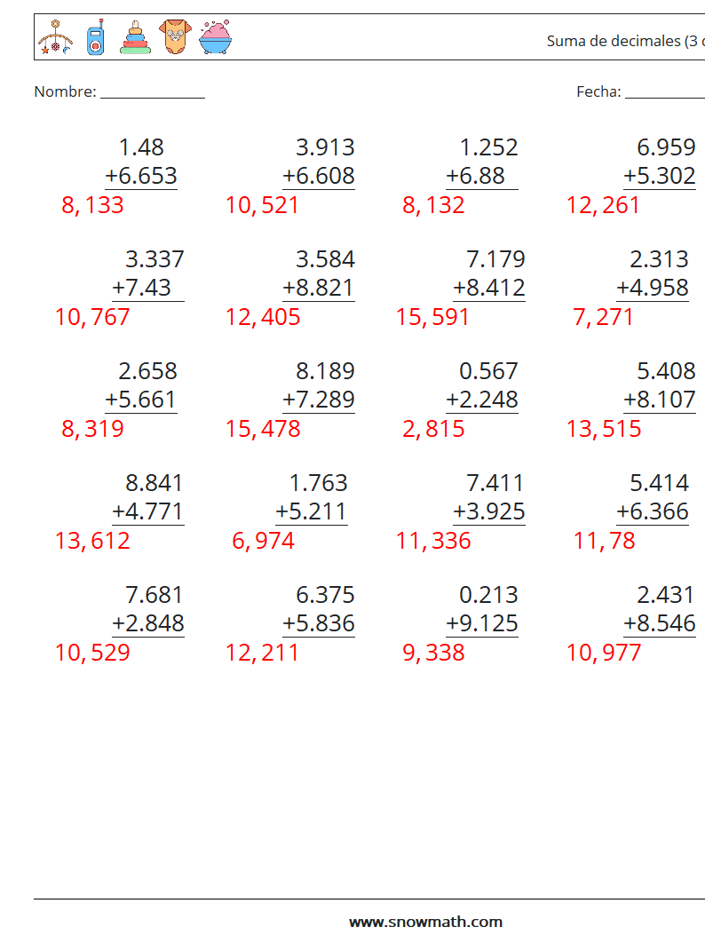 (25) Suma de decimales (3 dígitos) Hojas de trabajo de matemáticas 13 Pregunta, respuesta