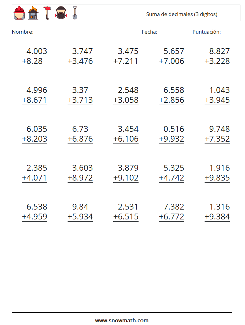 (25) Suma de decimales (3 dígitos) Hojas de trabajo de matemáticas 15