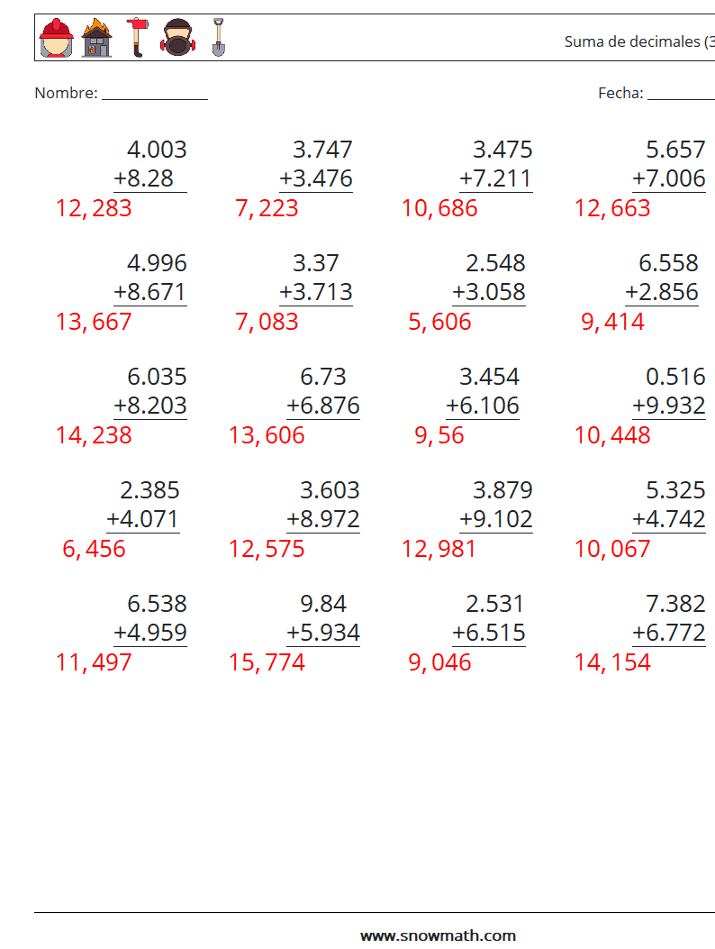 (25) Suma de decimales (3 dígitos) Hojas de trabajo de matemáticas 15 Pregunta, respuesta