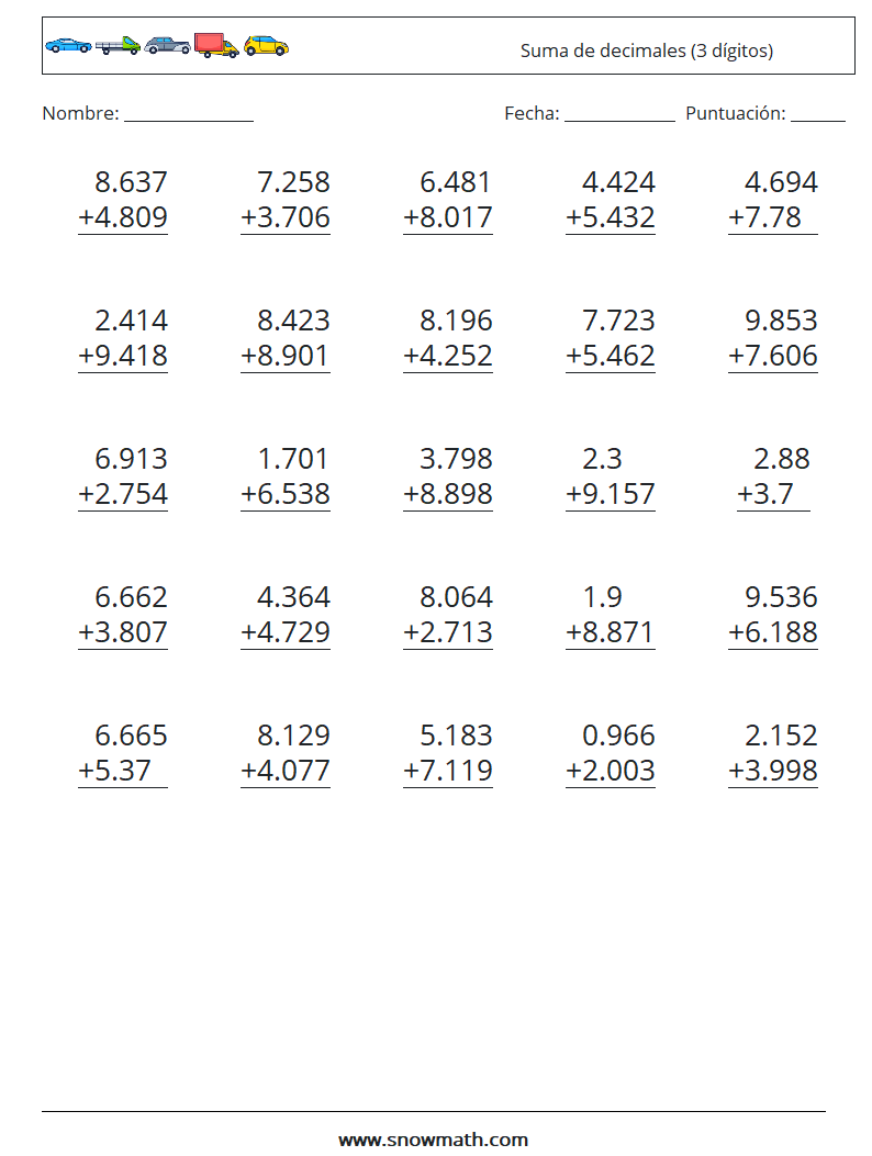 (25) Suma de decimales (3 dígitos) Hojas de trabajo de matemáticas 16