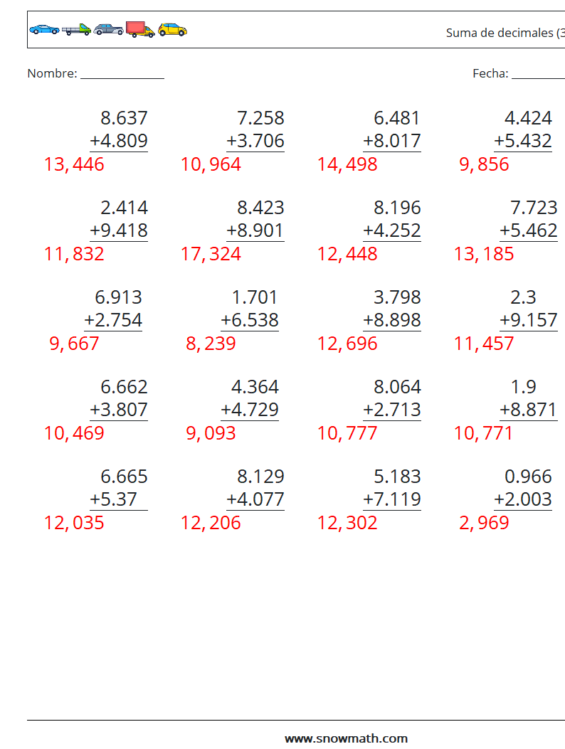 (25) Suma de decimales (3 dígitos) Hojas de trabajo de matemáticas 16 Pregunta, respuesta