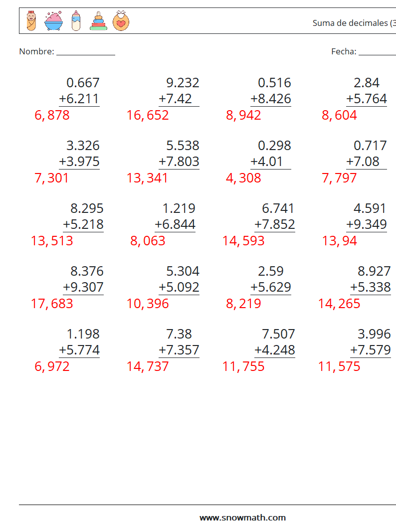 (25) Suma de decimales (3 dígitos) Hojas de trabajo de matemáticas 17 Pregunta, respuesta