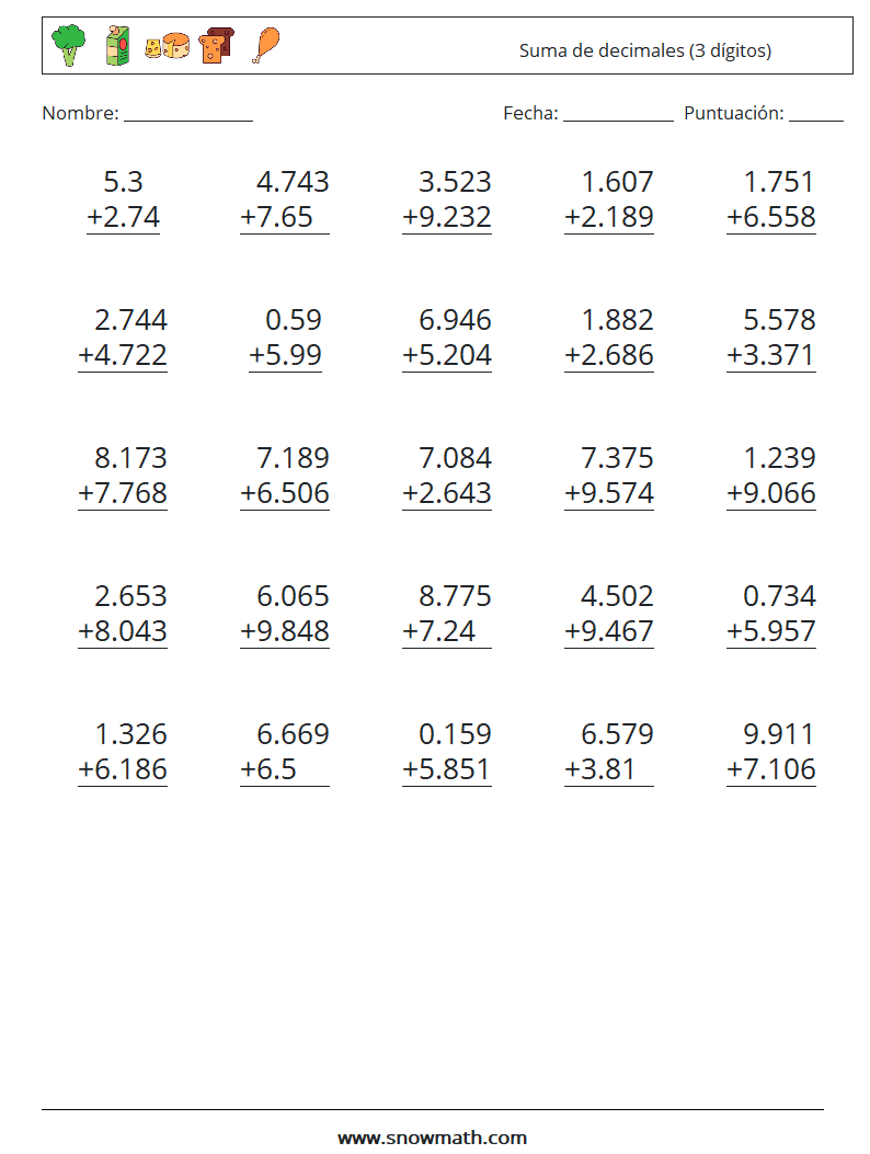 (25) Suma de decimales (3 dígitos) Hojas de trabajo de matemáticas 18