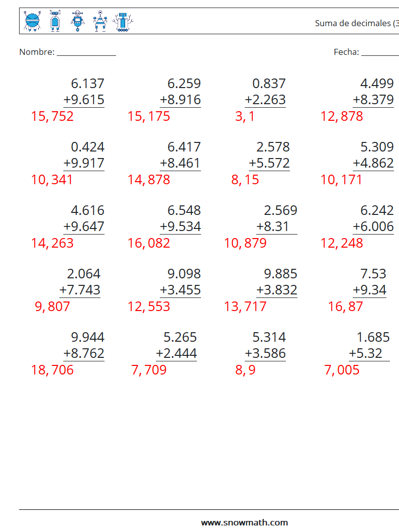 (25) Suma de decimales (3 dígitos) Hojas de trabajo de matemáticas 1 Pregunta, respuesta