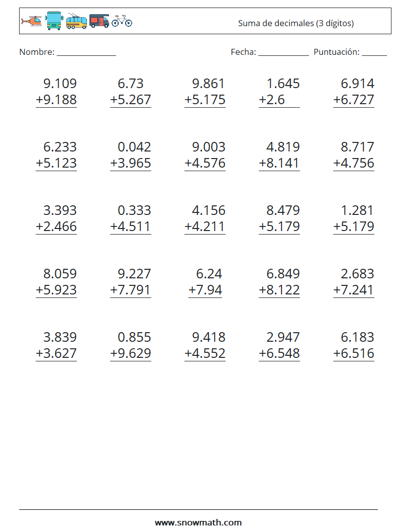 (25) Suma de decimales (3 dígitos) Hojas de trabajo de matemáticas 2